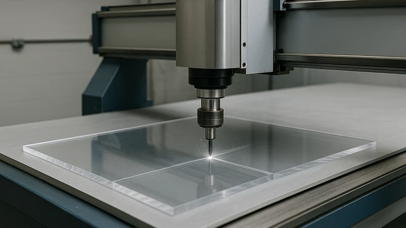 نمای نزدیک از دستگاه CNC در حال برش دقیق ورق پلکسی شفاف با لبه‌های صیقلی