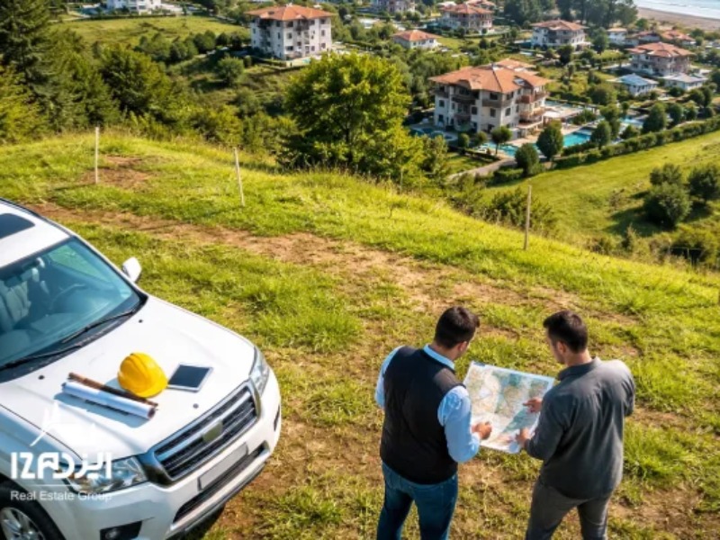 نمای هوایی از دو نفر در حال بررسی نقشه و حدود زمین روی تپهای سرسبز در مازندران، با منظره ویلاها و خط ساحل در پسزمینه و یک خودرو در کنارشان.